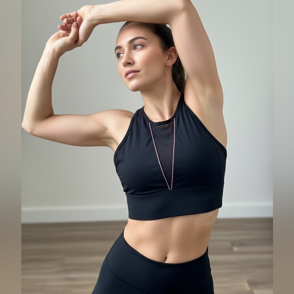 Fabletics Black Athletic Crop Top with Pink Accent